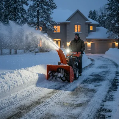 Ariens Deluxe 28 two-stage snow blower efficiently clearing deep, heavy snow from a long residential driveway at dusk, with LED headlight on and snow being thrown far to the side, showcasing its power and features.
