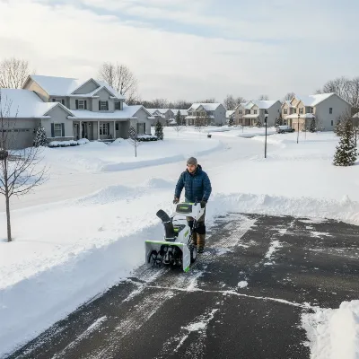 A person effortlessly operating a sleek, modern battery snow blower on a cleared suburban driveway with houses and trees covered in fresh snow. The scene is calm and quiet, with soft morning light. The snow blower is a vibrant color, emphasizing its clean, electric power.
