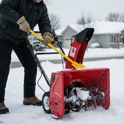 A person safely clearing a snow blower auger obstruction with a specialized clearing tool.