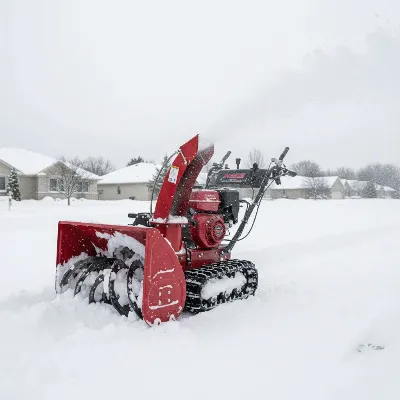 A powerful Honda HSS series track drive snow blower actively clearing deep, heavy, wet snow from a residential driveway, with snow being thrown far and wide.