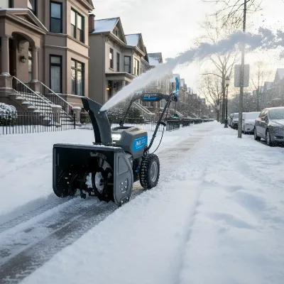 A compact electric snow blower clearing a city sidewalk in front of residential homes, early morning light, snow flying from the chute.