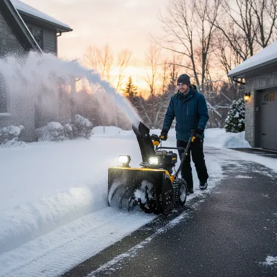 A cordless electric snow blower powerfully clearing a snowy driveway in the early morning, with bright LED headlights illuminating the path.