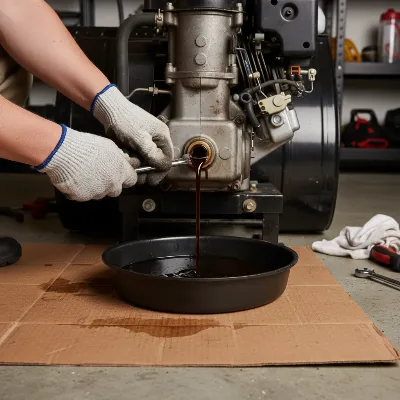 A person carefully draining dark, used oil from a 4-cycle snow blower engine into an oil drain pan on a protected surface, highlighting the draining process.