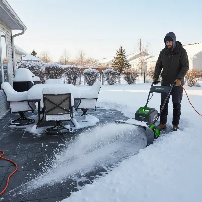 Earthwise 16-inch 12-Amp Corded Electric Snow Shovel clearing a path on a snowy backyard patio.