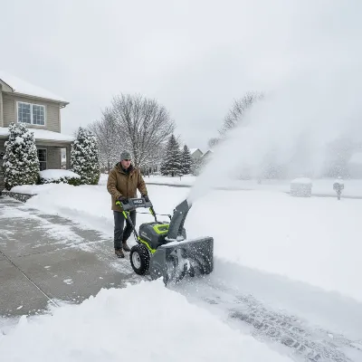 EGO Power+ 24-inch cordless snow blower effortlessly clearing a snowy driveway, with snow being thrown effectively to the side.