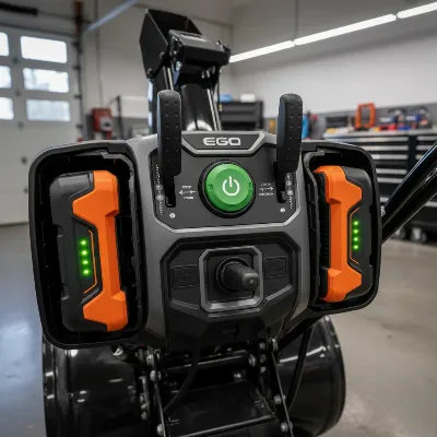 Close-up of the EGO Power+ 24-inch snow blower's control panel and a pair of 56V ARC Lithium batteries being inserted.