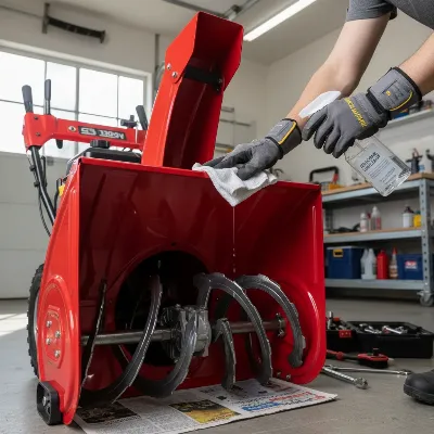 A person meticulously cleaning and lubricating a gas snow blower before storage, focusing on the auger and chute mechanism with a spray bottle and cloth.