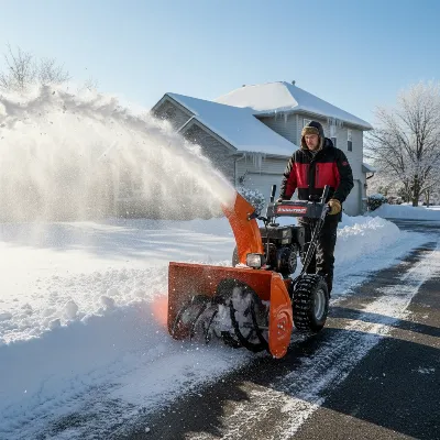 A robust gas two-stage snow blower clearing deep, heavy snow from a wide driveway, highlighting its powerful operation and the volume of snow being moved.