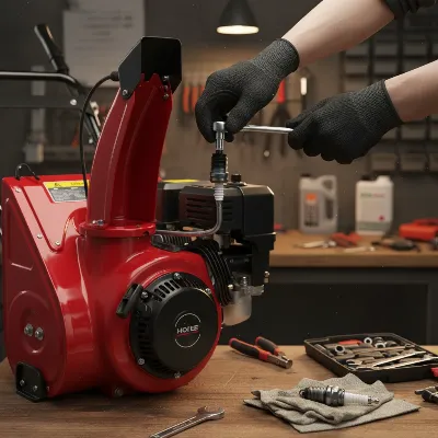 A person performing pre-season maintenance on a gas snow blower, checking the spark plug and oil
