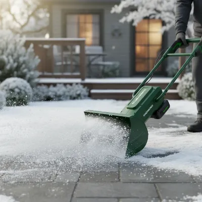 Greenworks 80V 12-inch Cordless Electric Snow Shovel clearing snow from a small patio area in winter