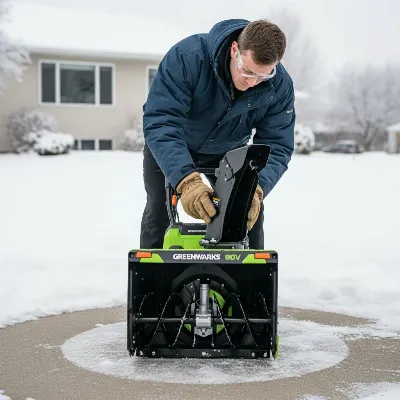 Person performing a safety check on a Greenworks Pro 80V snow blower before use, wearing appropriate safety gear.