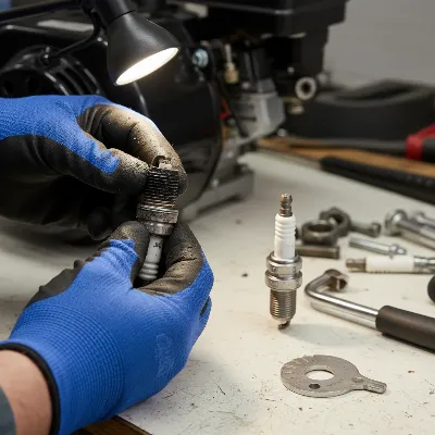 A person inspecting a dirty spark plug from a snow blower, then preparing to install a new one, with focus on tools and hands.
