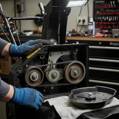 A person inspecting the drive belts of a snow blower, showing proper maintenance.