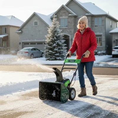 A senior user easily operating a lightweight electric snow blower on a paved driveway with moderate snow, bright winter day, eye-level angle, realistic photo style