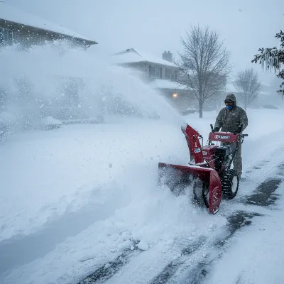 A powerful red 3-stage snow blower clearing a large amount of heavy, icy snow from a driveway during a blizzard, with snow flying from the chute. Realistic, action shot.