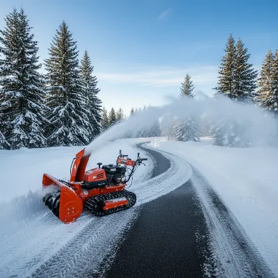A powerful track drive snow blower clearing snow from a steep, winding driveway with evergreen trees in the background under a clear winter sky.