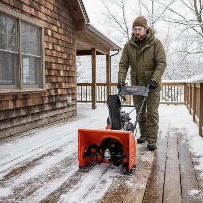 A person carefully operating a single-stage electric snow blower with rubber augers on a wooden deck, showing minimal contact with the surface.