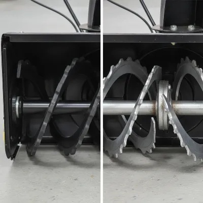 An illustrative comparison showing a snow blower with a rubber auger and one with a metal auger, highlighting the difference in material suitable for delicate surfaces.