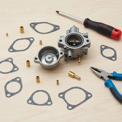 A detailed view of a snow blower carburetor disassembled into its main components for cleaning, laid out on a clean workbench with tools.