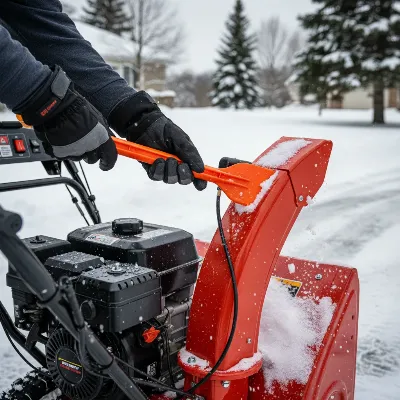 A person safely using a dedicated snow blower chute cleaning tool to remove snow from the discharge chute.