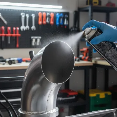 A person applying a non-stick spray to the inside of a snow blower chute, with a focus on the even coating and the metal surface.