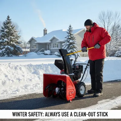 A person using a snow blower clean-out tool to remove snow from a clogged chute.