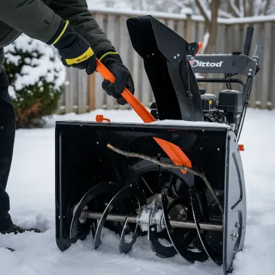 A person safely clearing a snow blower auger housing with a clean-out tool, emphasizing safety gear and caution.