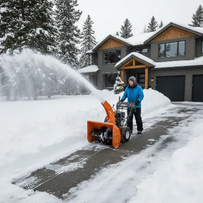 A 3-stage snow blower efficiently clearing a residential driveway after a heavy snowfall, showing the machine's robust design and snow being thrown far from the path. Editorial, daylight.
