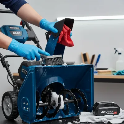 Hands cleaning a cordless electric snow blower after use, with a battery visible, emphasizing proper maintenance.