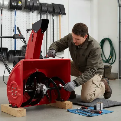 A person performing maintenance on a two-stage snow blower in a garage, checking the adjustable skid shoes, with snow equipment in the background.