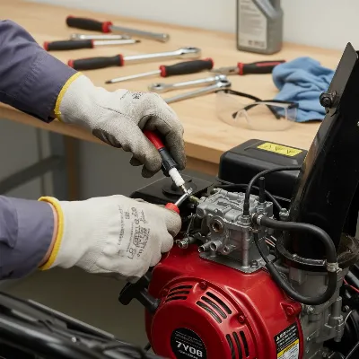 Close-up of hands performing maintenance on a snow blower engine, with safety goggles and gloves visible on a workbench.
