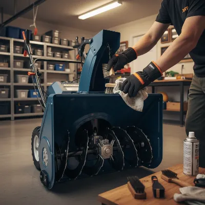 A person performing maintenance on an electric snow blower in a garage, with tools laid out on a workbench and the snow blower's auger visible.