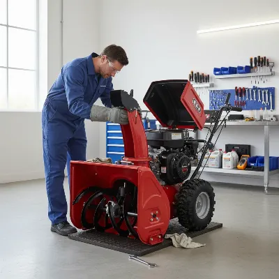 A technician performing routine maintenance on a 3-stage snow blower in a garage, emphasizing the importance of care. Realistic, clean workshop.