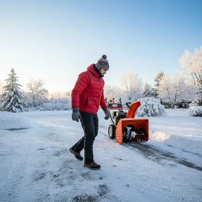 A person carefully surveying a snowy driveway before using a snow blower, highlighting proactive prevention of shear pin breakage.