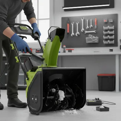 A person performing maintenance on a compact electric snow blower in a clean garage, checking the auger and cleaning components.