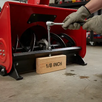 A person adjusting the skid shoes on a two-stage snow blower using a wrench, with a wooden block under the scraper bar for proper spacing