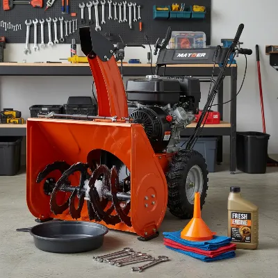 A 4-cycle snow blower ready for an oil change with various tools and fresh oil laid out beside it, emphasizing preparedness.