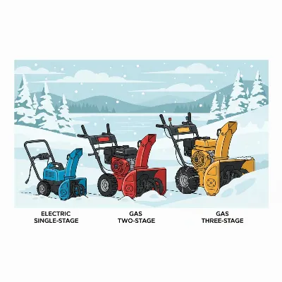 A visual comparison showing different types of snow blowers lined up, from small single-stage to large three-stage models