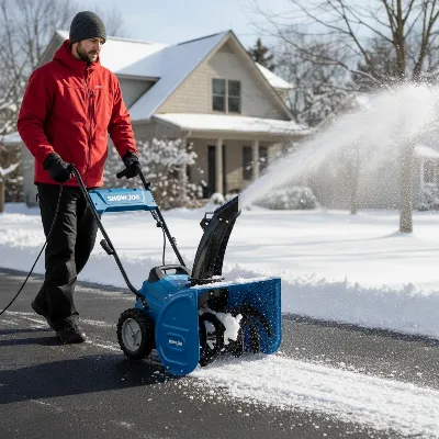 Snow Joe 18-inch electric snow blower efficiently clearing a paved driveway with a few inches of fresh snow during daylight hours.