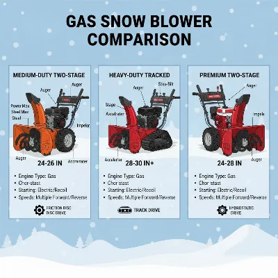A dynamic side-by-side comparison illustration of three distinct gas snow blowers, showcasing their features and differences for heavy snow removal in 2026.