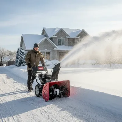 Toro SnowMaster 824 QXE efficiently clearing snow from a paved driveway