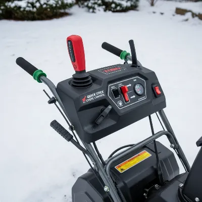 Close-up of Toro SnowMaster 824 QXE showing Quick Stick Chute Control and Personal Pace system
