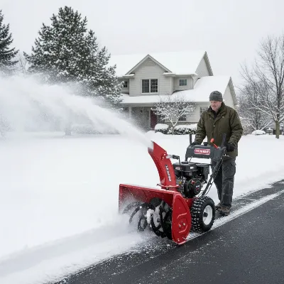 Troy-Bilt Storm 2410 gas snow blower clearing deep snow from a residential driveway, demonstrating its clearing width and powerful throw. The setting is a clear winter day with fresh snow, viewed from a slightly elevated angle.