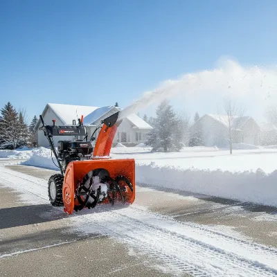 A powerful two-stage snow blower clearing a wide, snow-covered driveway with snow being ejected from its chute