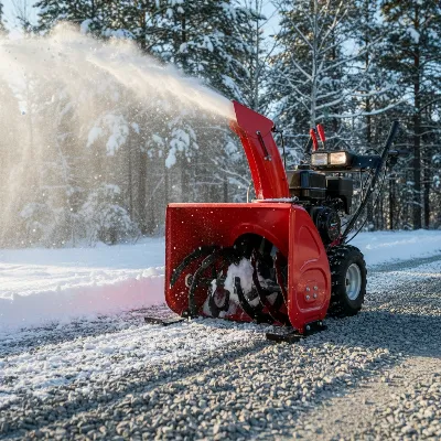 A two-stage snow blower with adjustable skid shoes clearing snow from a gravel driveway, viewed from a slight low angle showing the clearance above the stones