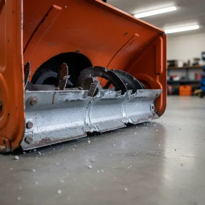 A close-up of a worn metal scraper bar on a snow blower, showing significant wear and unevenness near the edge
